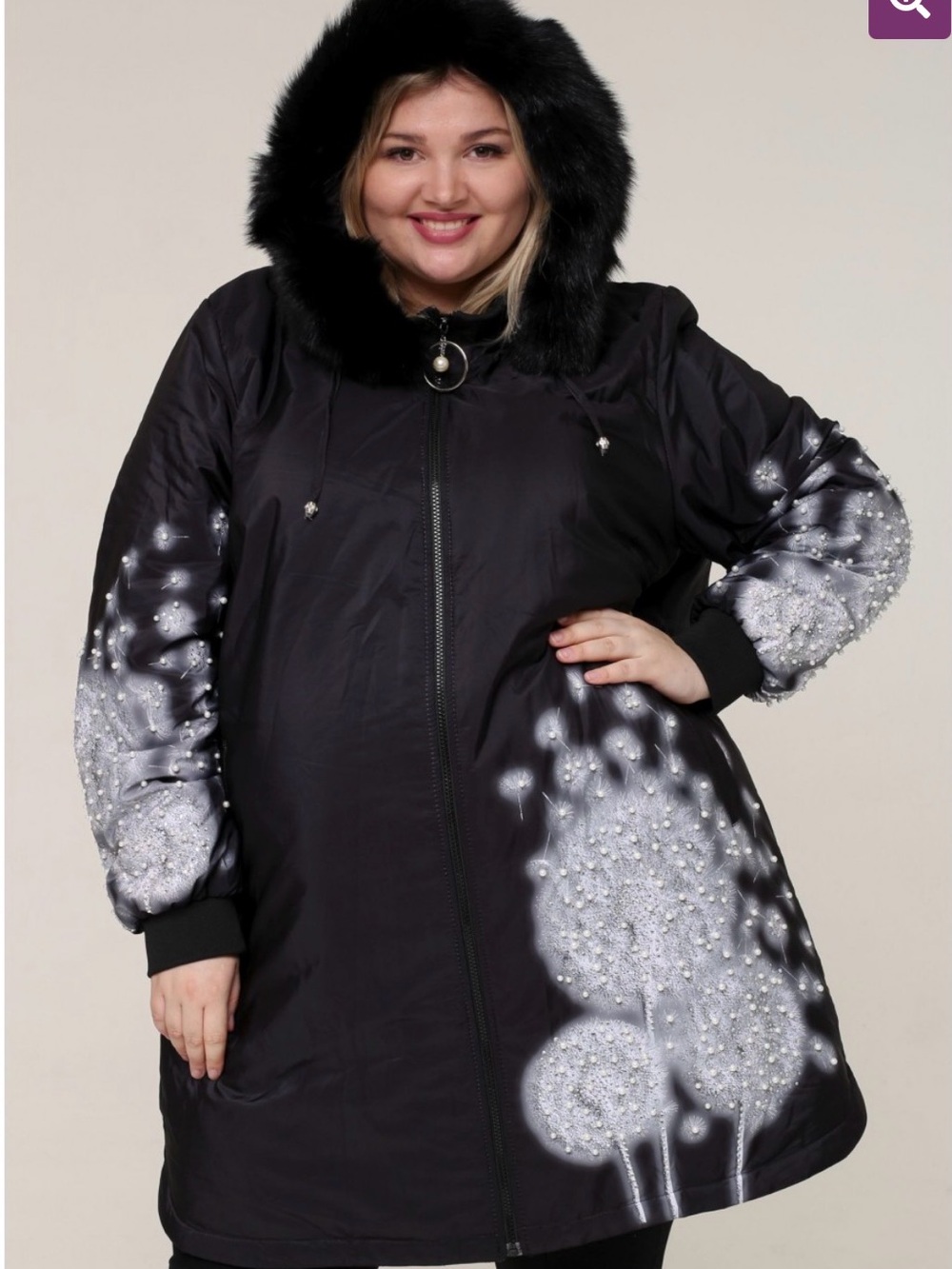 Plus-Size Black Winter Warm Hooded Puffer Coat w White Dandelion Print size 2X